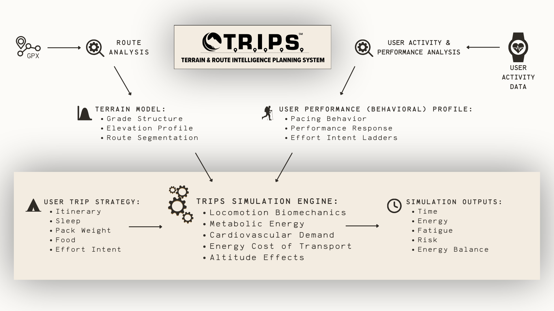 TRIPS architecture diagram showing route analysis, user performance analysis, trip strategy inputs, simulation engine, and outputs.