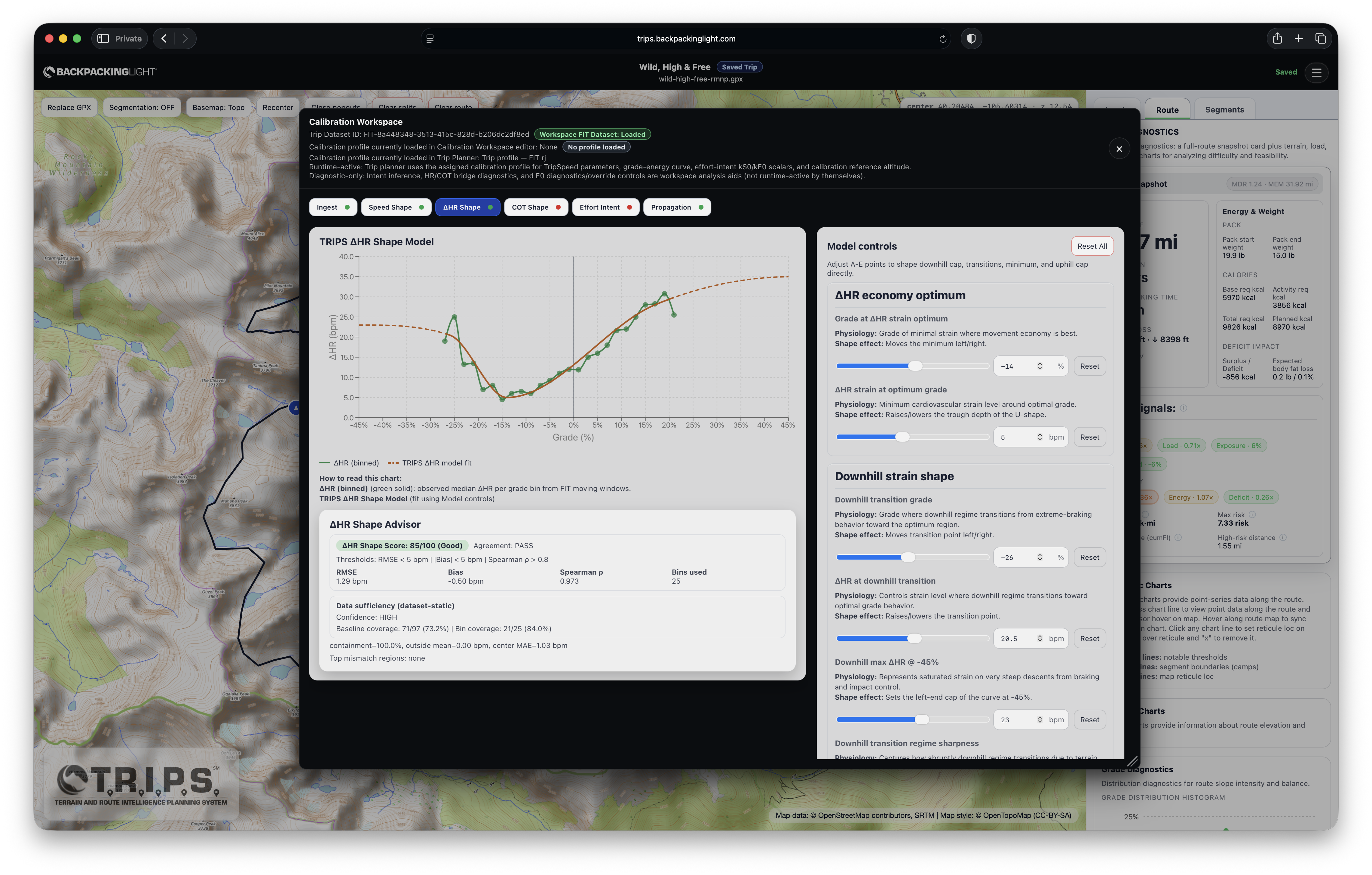 TRIPS calibration workspace showing model fit, advisor diagnostics, and calibration controls for tuning the model to representative wearable data.
