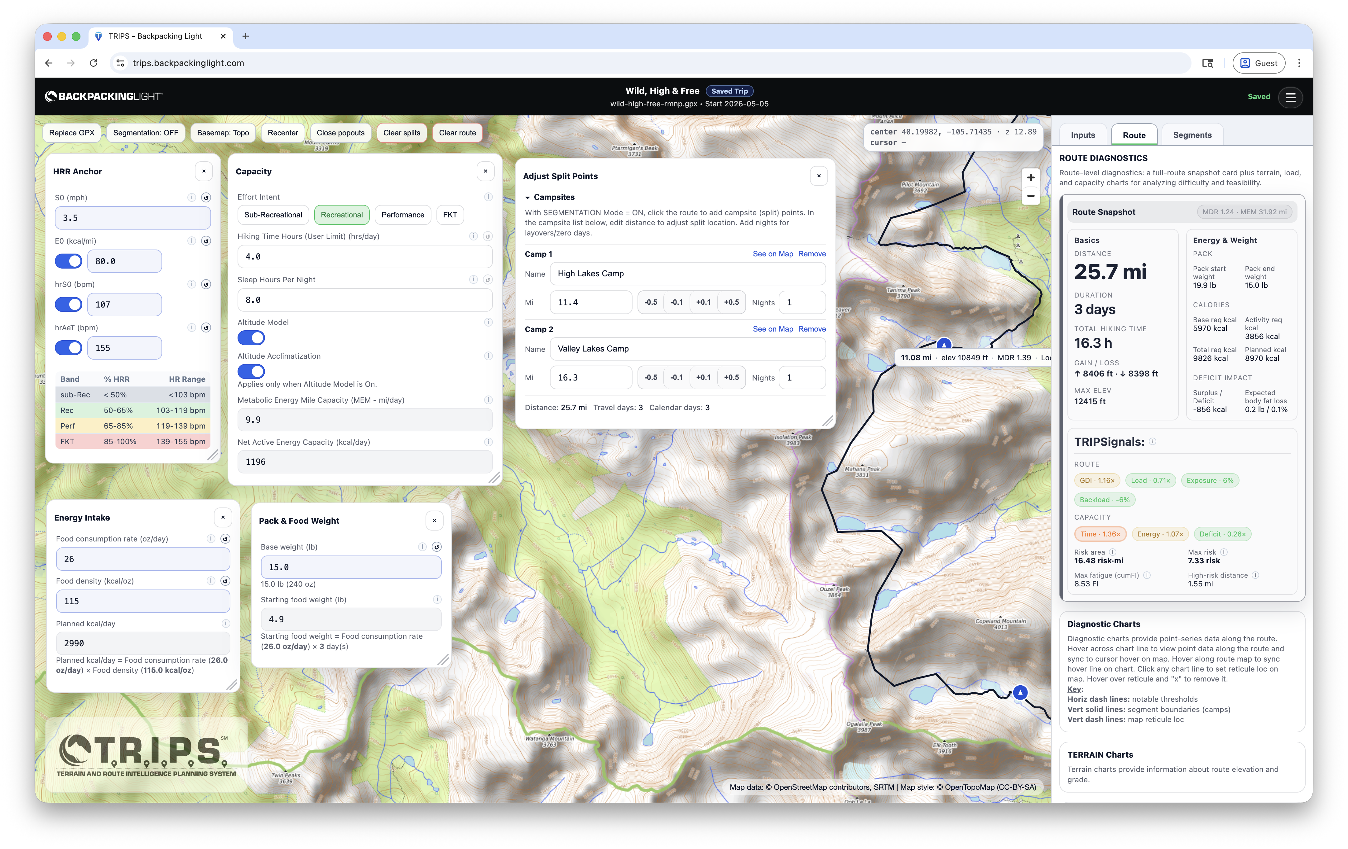 TRIPS planner workspace showing the route map, itinerary structure, terrain profile, and route diagnostics.
