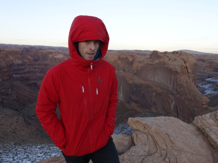 Max in the Black Diamond Heat Treat Hoody, Escalante, UT. Note how the hood closes doesn't close completely around the face.