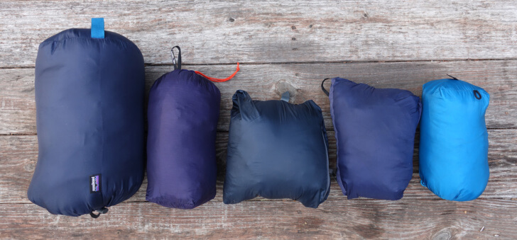 Size in their included stuff sacks, left to right: Patagonia DAS, Arcteryx Nuclei AR, Rab Xenon, LLBean Primaloft Packaway Hoodie, arcteryx Nuclei FL