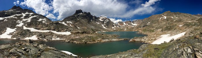 Sky Top Lakes with The Spires on the left, Cairn Mountain on the right, and Granite Peak in the distance.