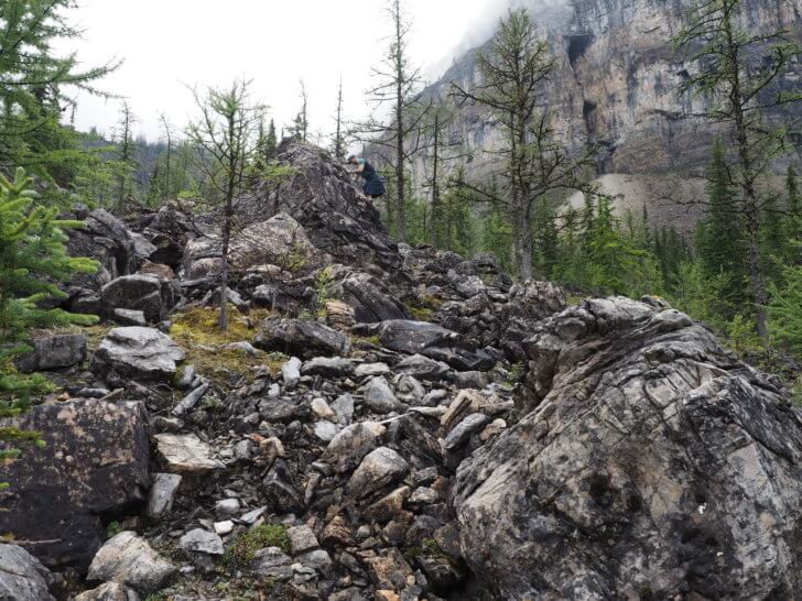 Talus leads to boulders. A scramble yields a rewarding view. Backpacking on the Marvel Pass Trail.