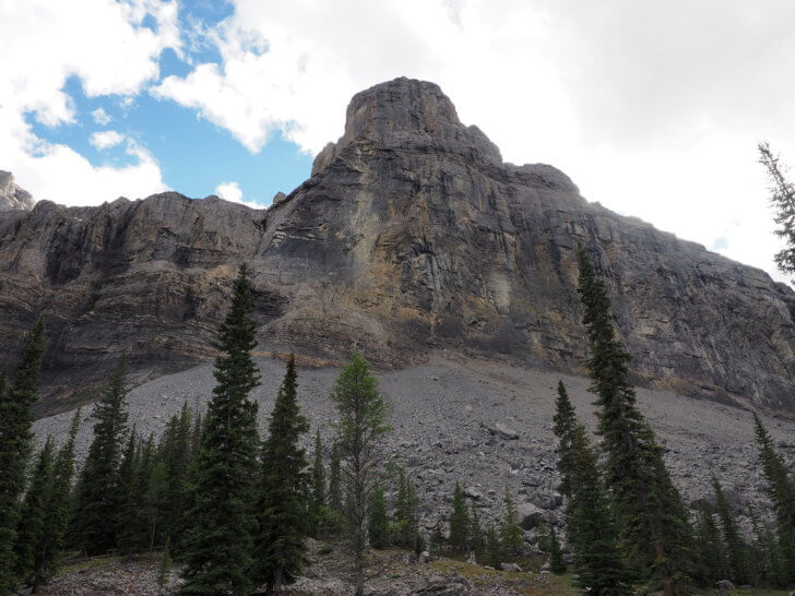 Loose talus and boulders on the unstable face of Mount Cautley.