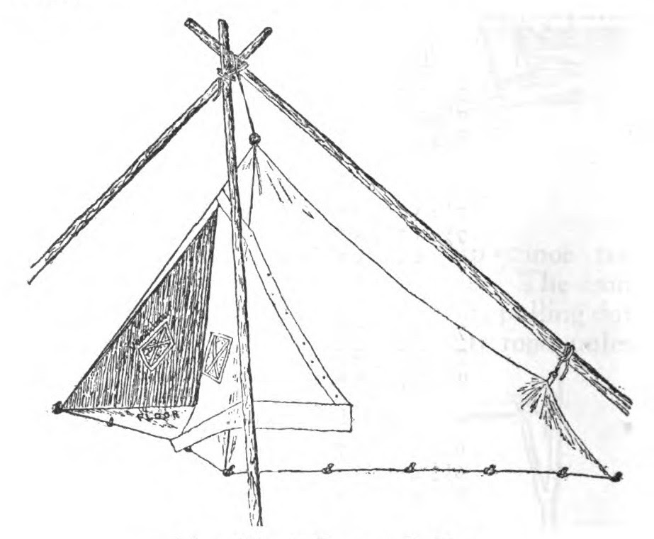 illustration of old style tarp tent pitched with wooden poles