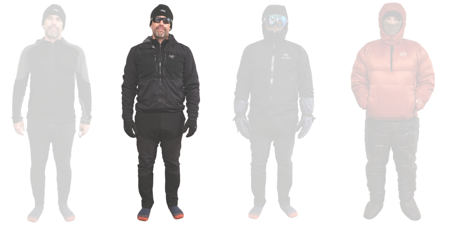 a 4-panel image showing base layer clothing, hiking clothing, storm clothing, and camp clothing, with hiking clothing highlighted