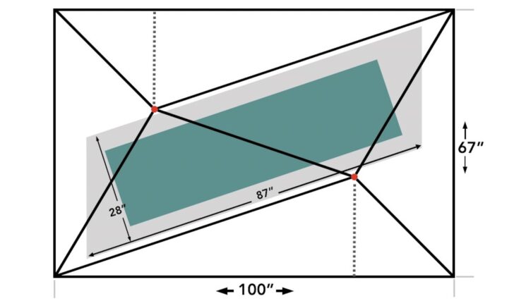 a tent floorplan illustration which shows the width of the outer wall at 67 inches and the length of the outer wall at 100 inches. The inner area of the tent is at a diagonal, offset with two trekking poles represented by red dots.