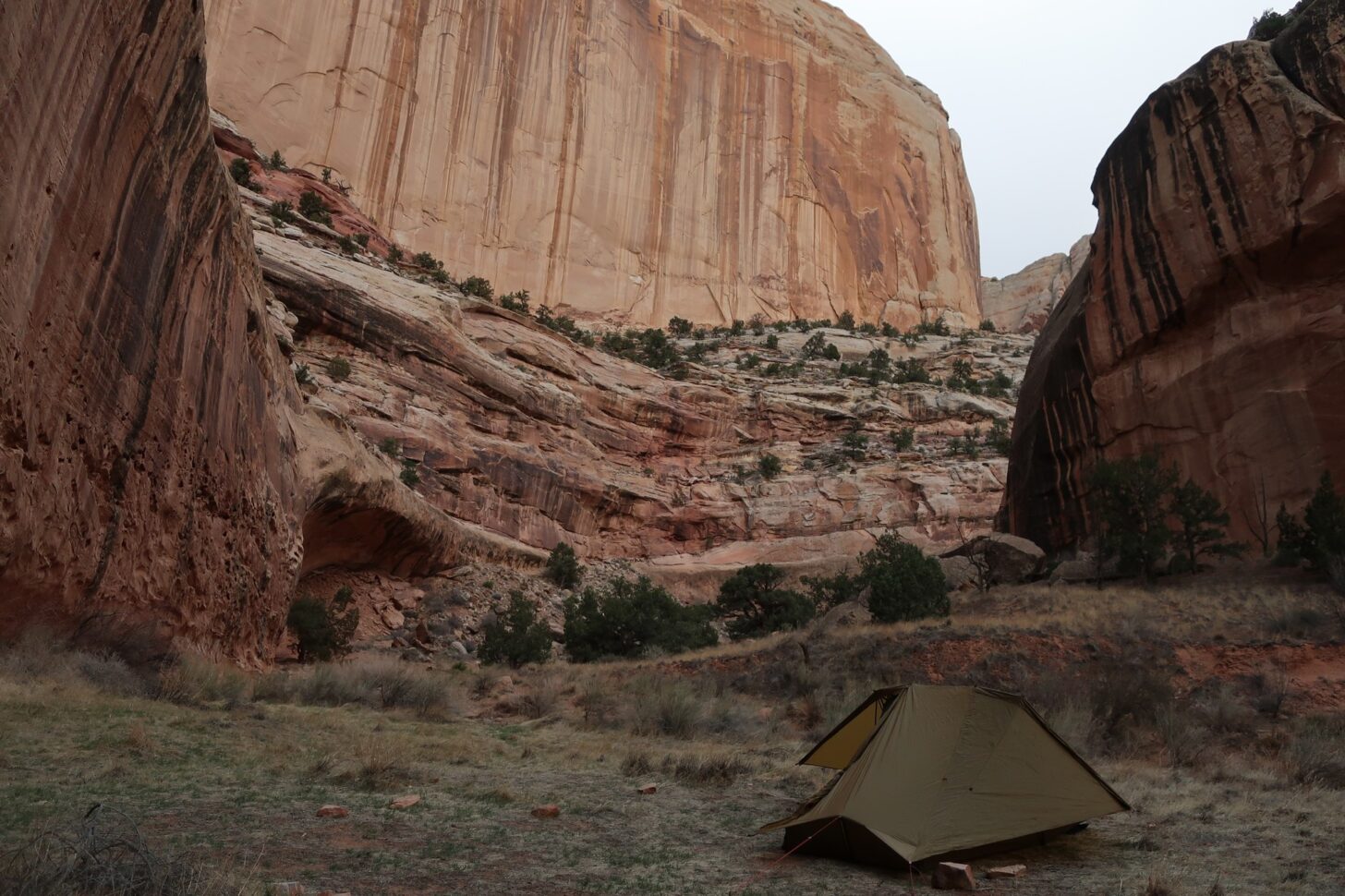 a small tent huddles beneath the sharply rising walls of a steep canyon.