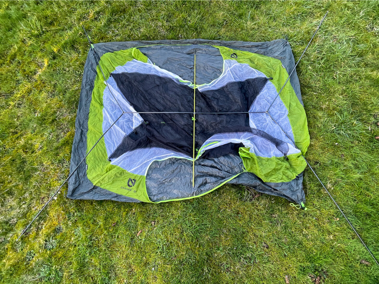 an overhead view of the shelter with pole and hub system laid out.