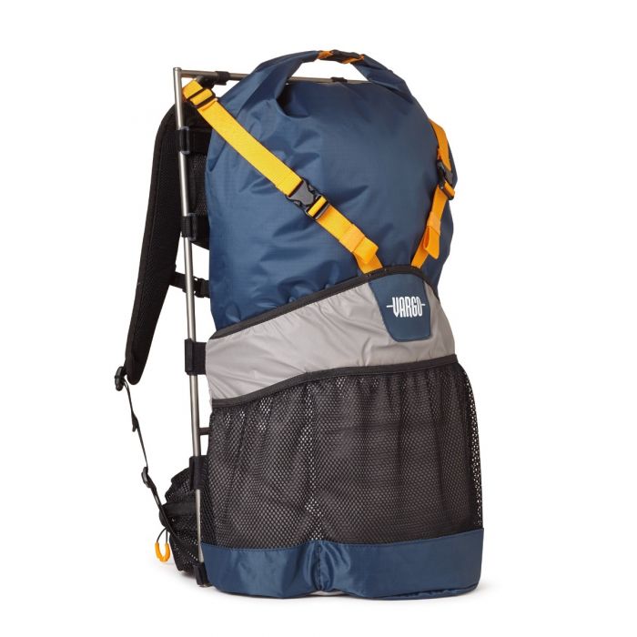 an external frame backpack set against a white background