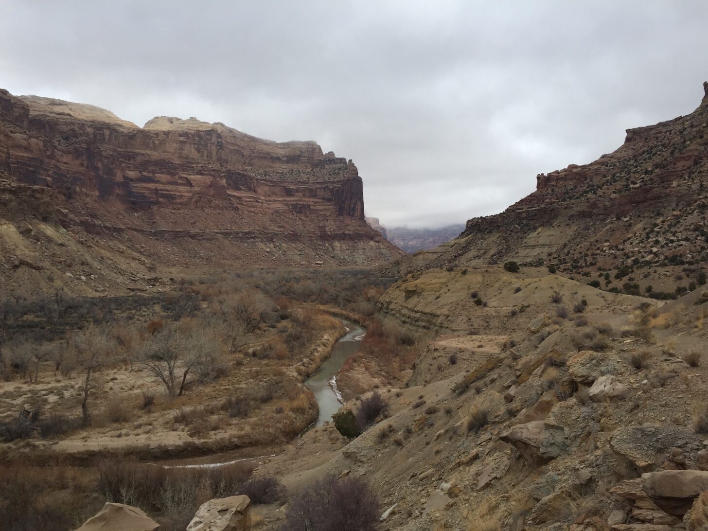 A brown river winds through a canyon, with low snow clouds in the sky