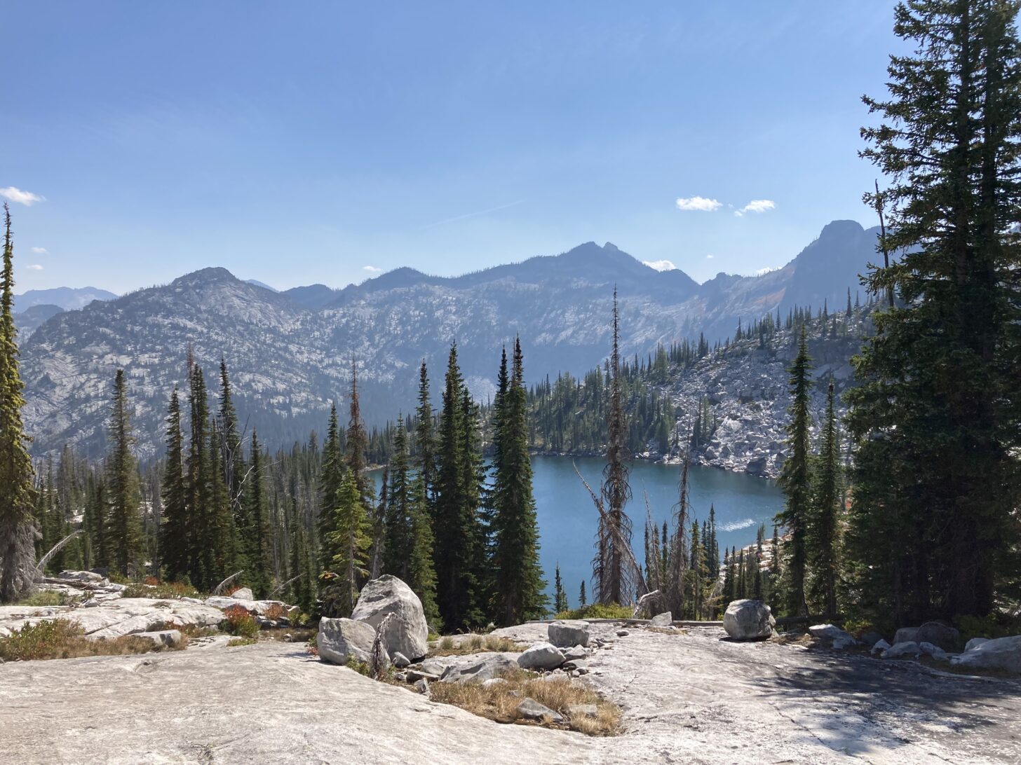 a mountain lake peaks out from behind trees from a high vantage point