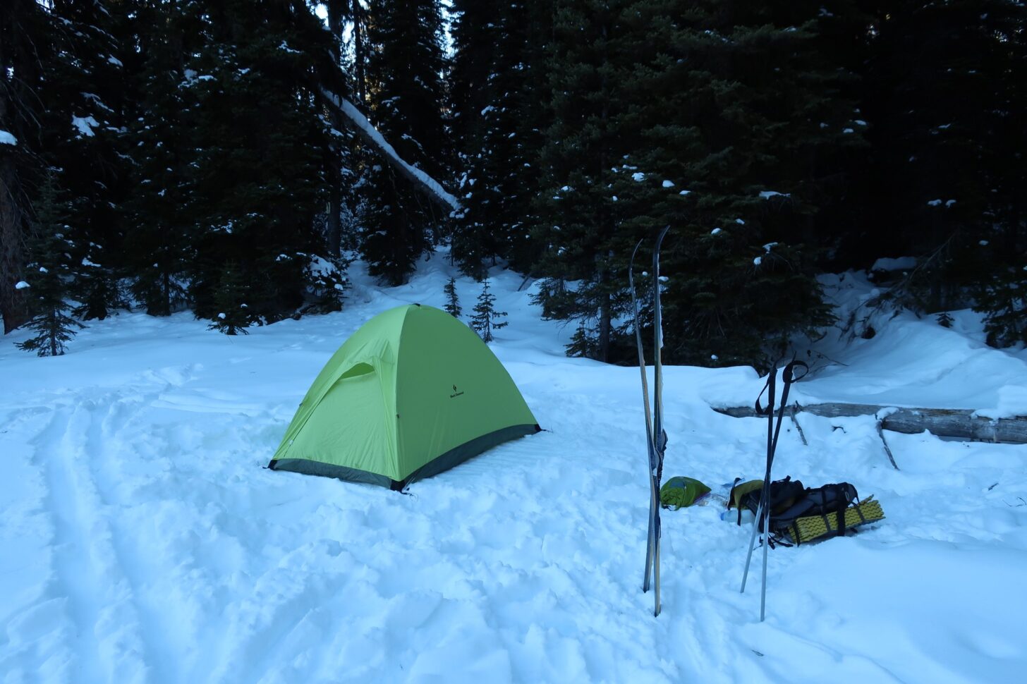 Photo shows a tent sent up on snow with skis and ski poles nearby.