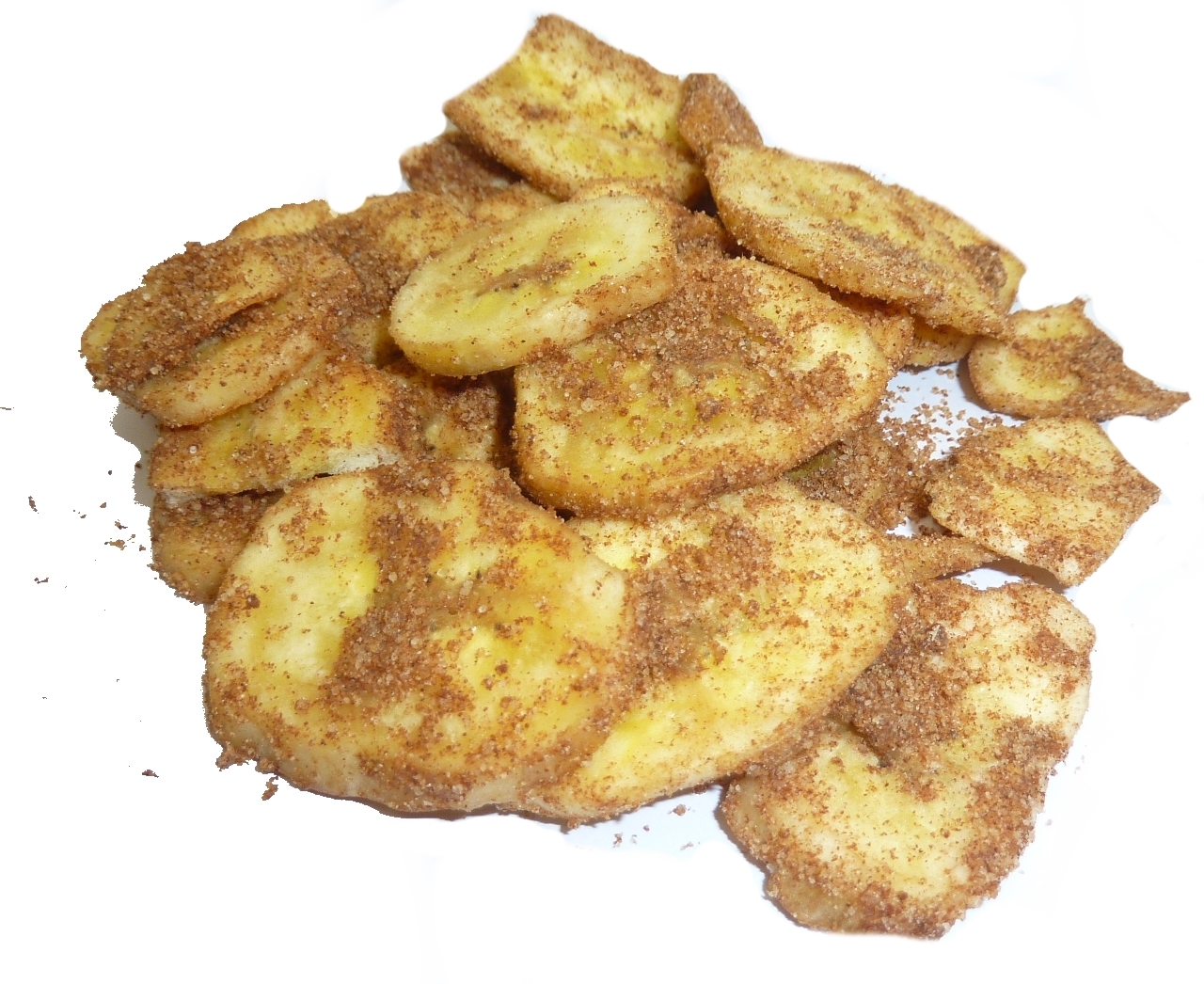 a pile of fried plantains against a white background