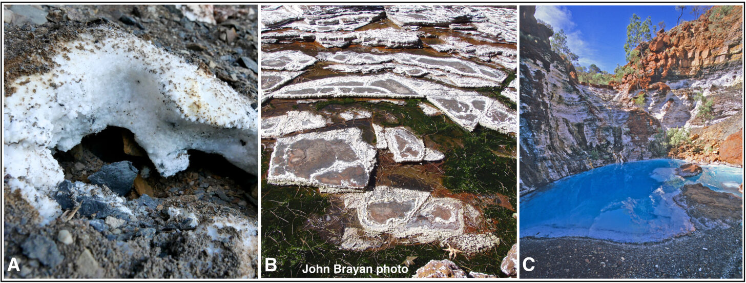 Three photos side by side - white crystals over a cave on the left, white crystal slabs on the ground in center, and crystals forming in a blue pond at right