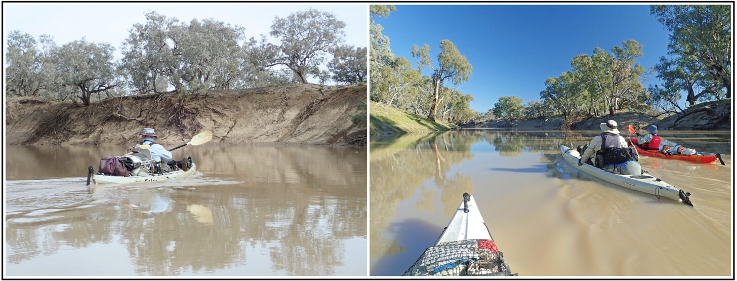 two photos side by side. At left, a kayaker paddling in muddy water. At right, two kayakers paddling in muddy water - a POV shot with the bow of a kayak visible at lower left.