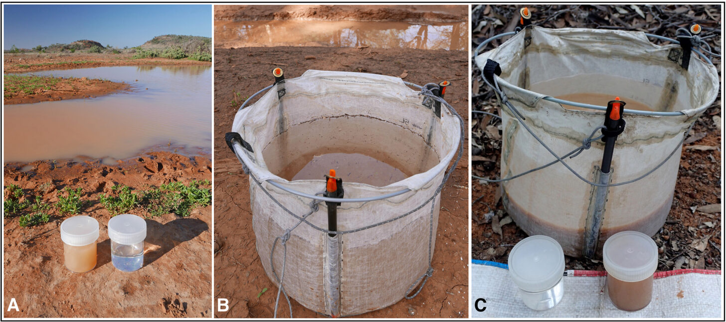Three photos side by side. At left, two vials of water, one muddy and one clear, with a muddy river in the background. At center, a collapsable bucket filled with muddy water. At right, a collapsable bucket filled with muddy water and two vials, one muddy, one clear, below the bucket.
