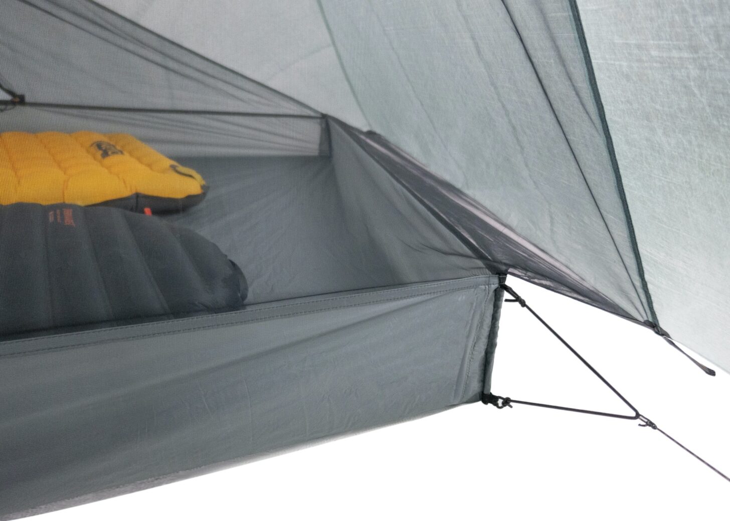 A corner of a tent is shown with the guyline stretched tight.