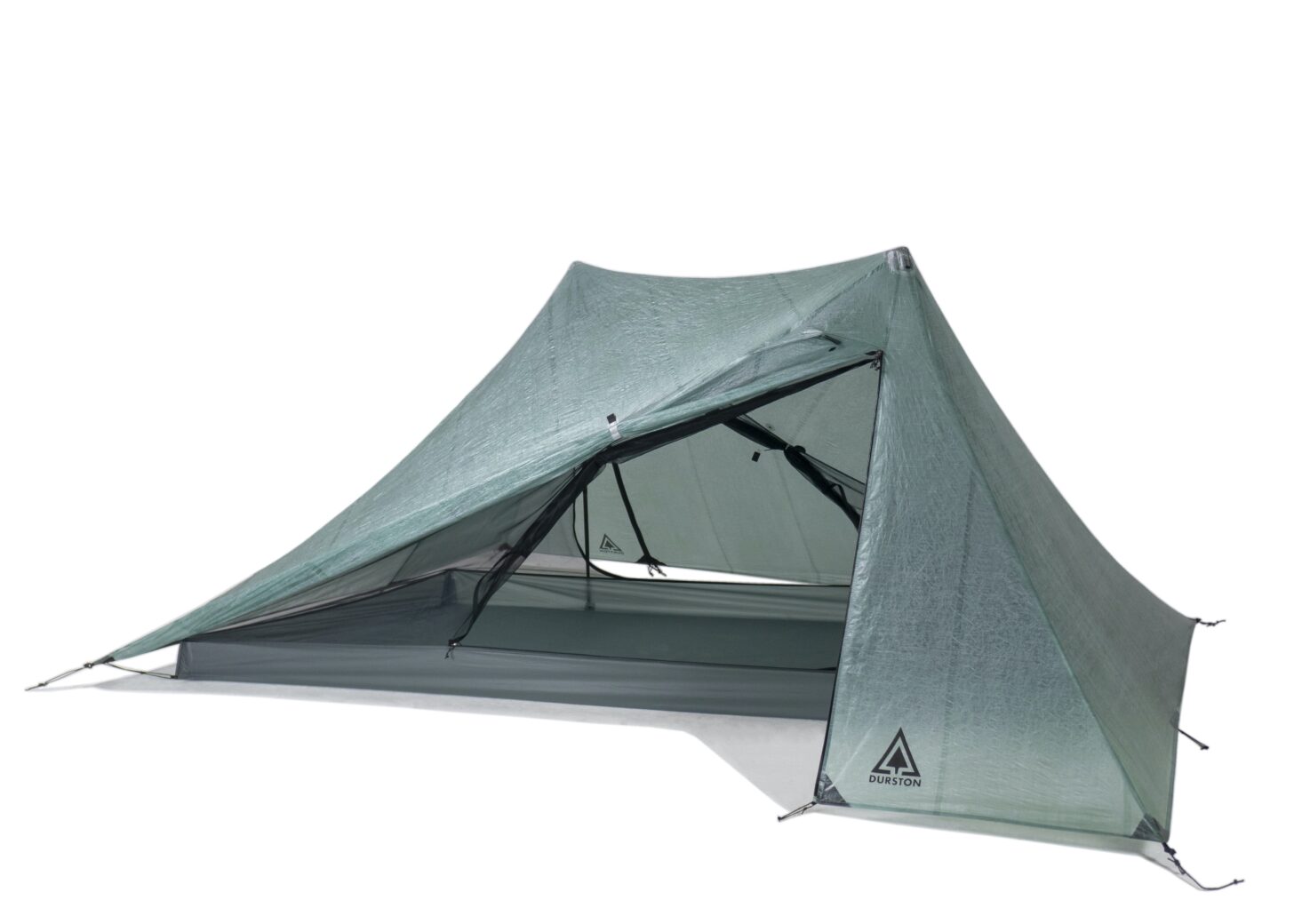 A tent is pictured with one door open.