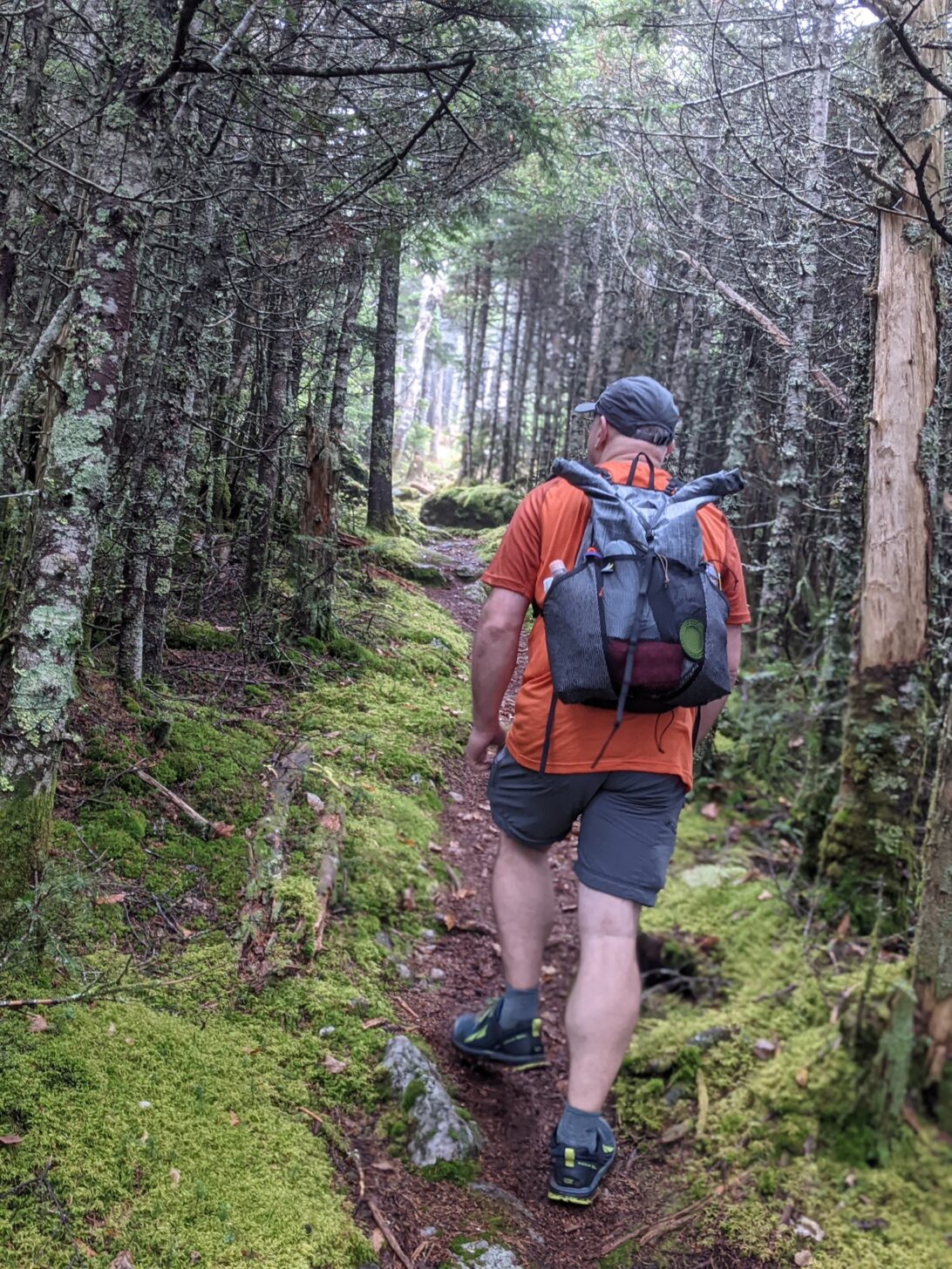 a man wearing a lightly packed Nashville Pack Cutaway backpack walks away from camera up a forested path.