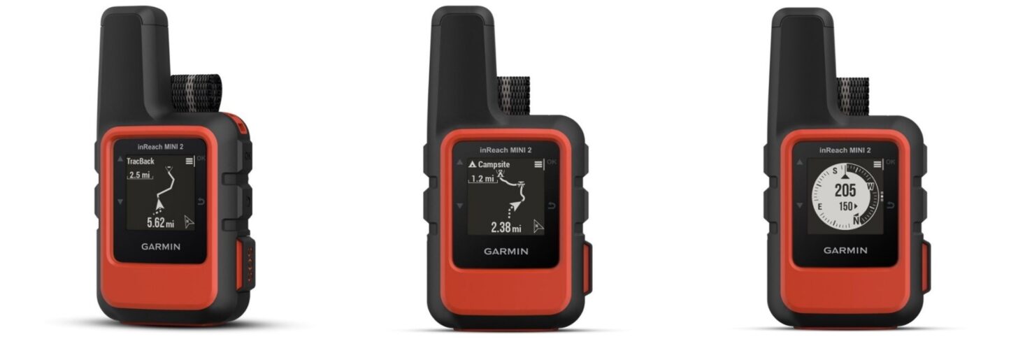 garmin inreach mini 2 showing navigation, tracback, and digital compass screens
