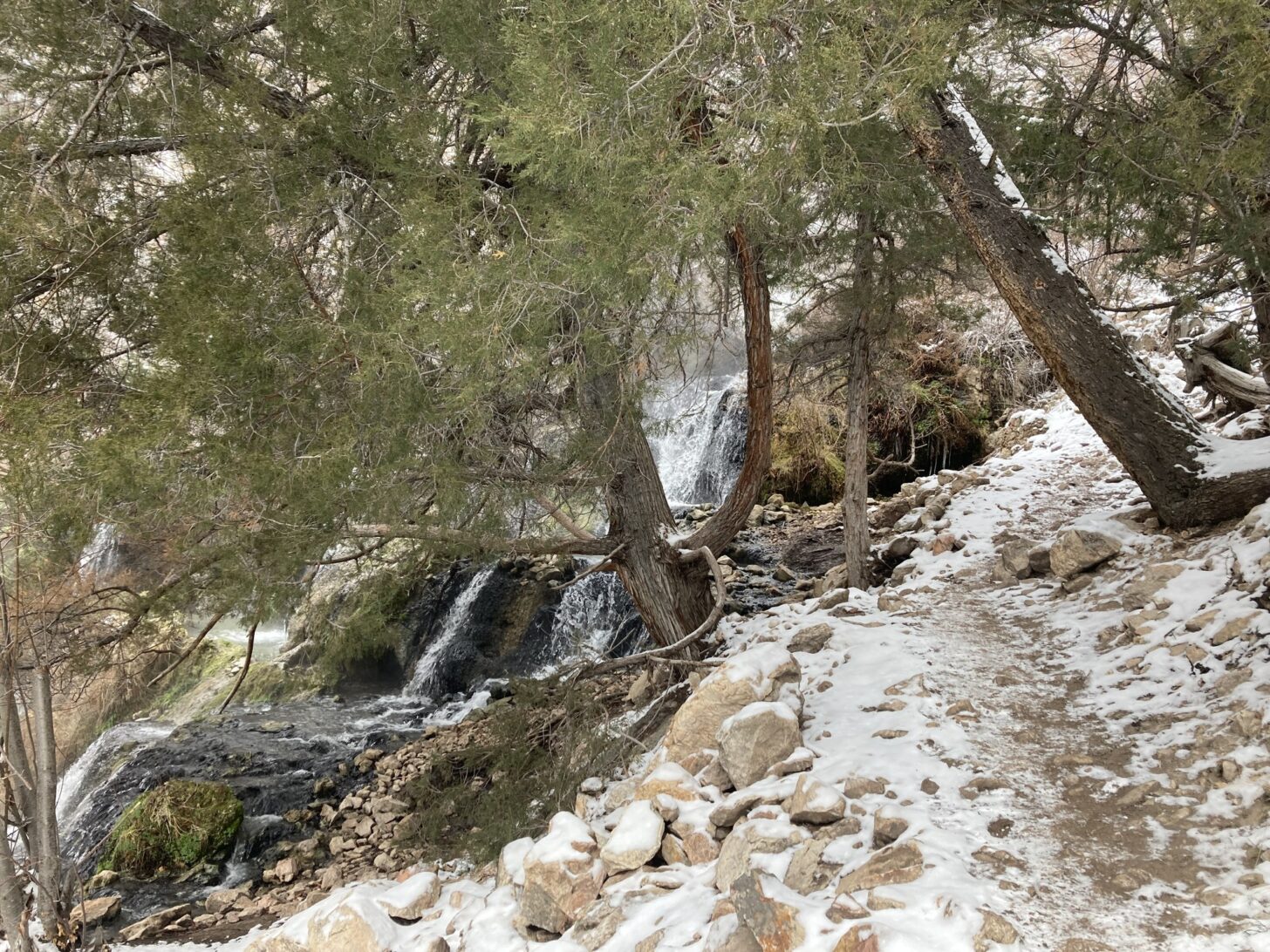 A snowy trail is next to a cascading creek of hot water.
