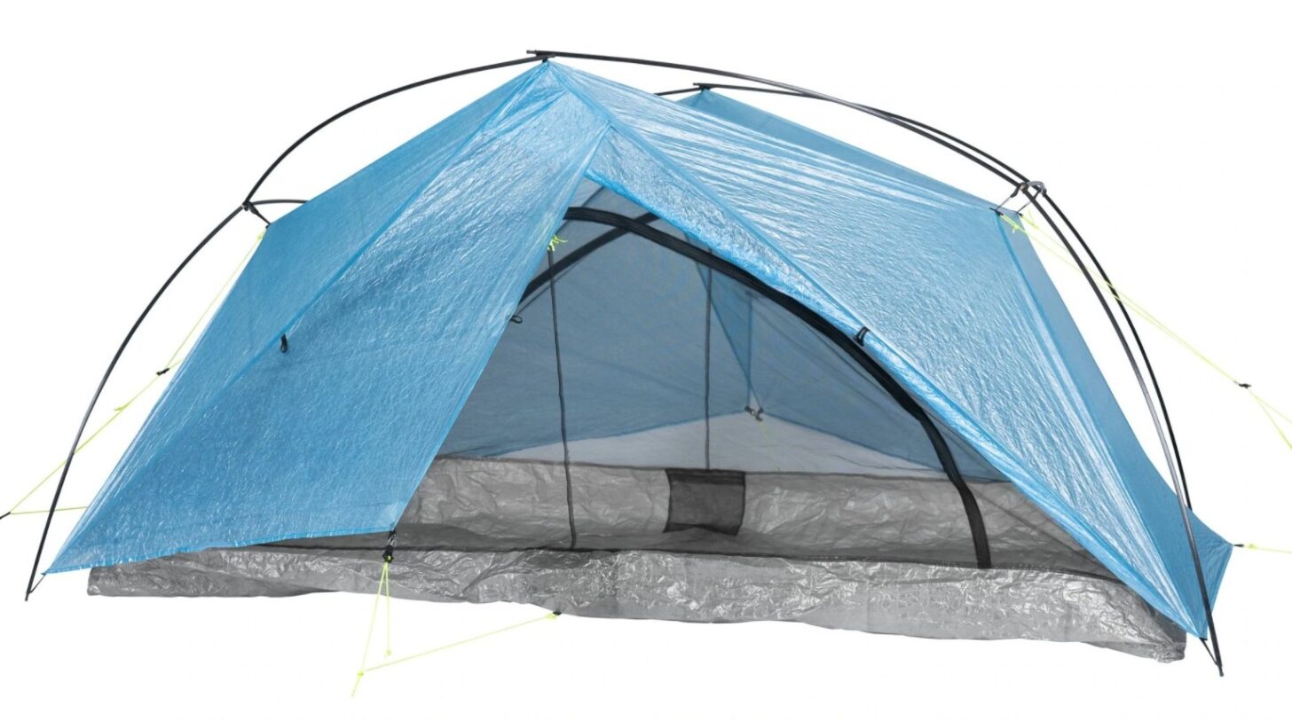A blue and gray zpacks free duo tent on a white background