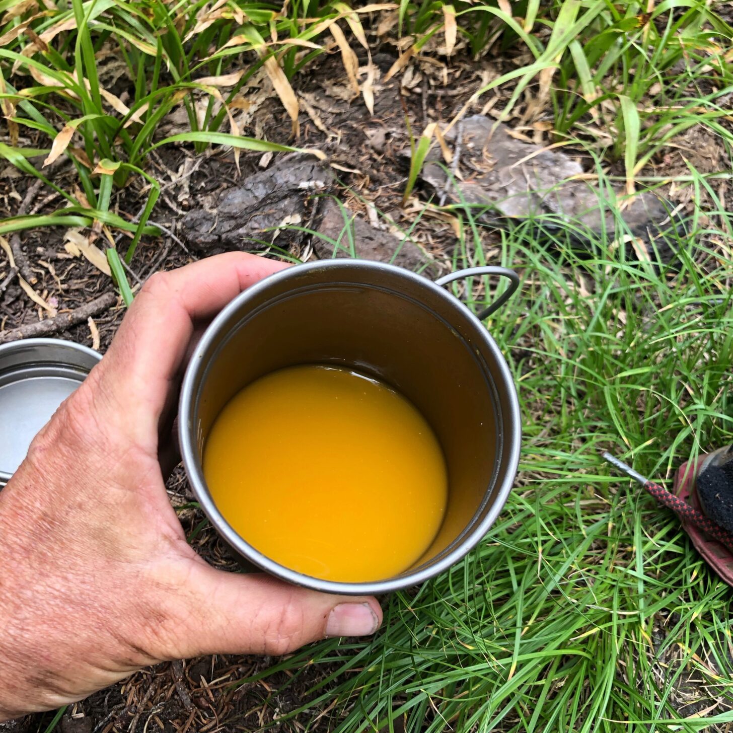 A cup of rehydrated mango smoothie behind held in front of the camera