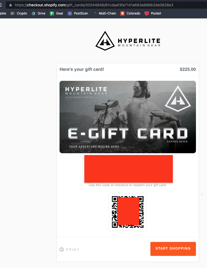 SOLD! Hyperlite Mountain Gear Gift Card $225 for $170