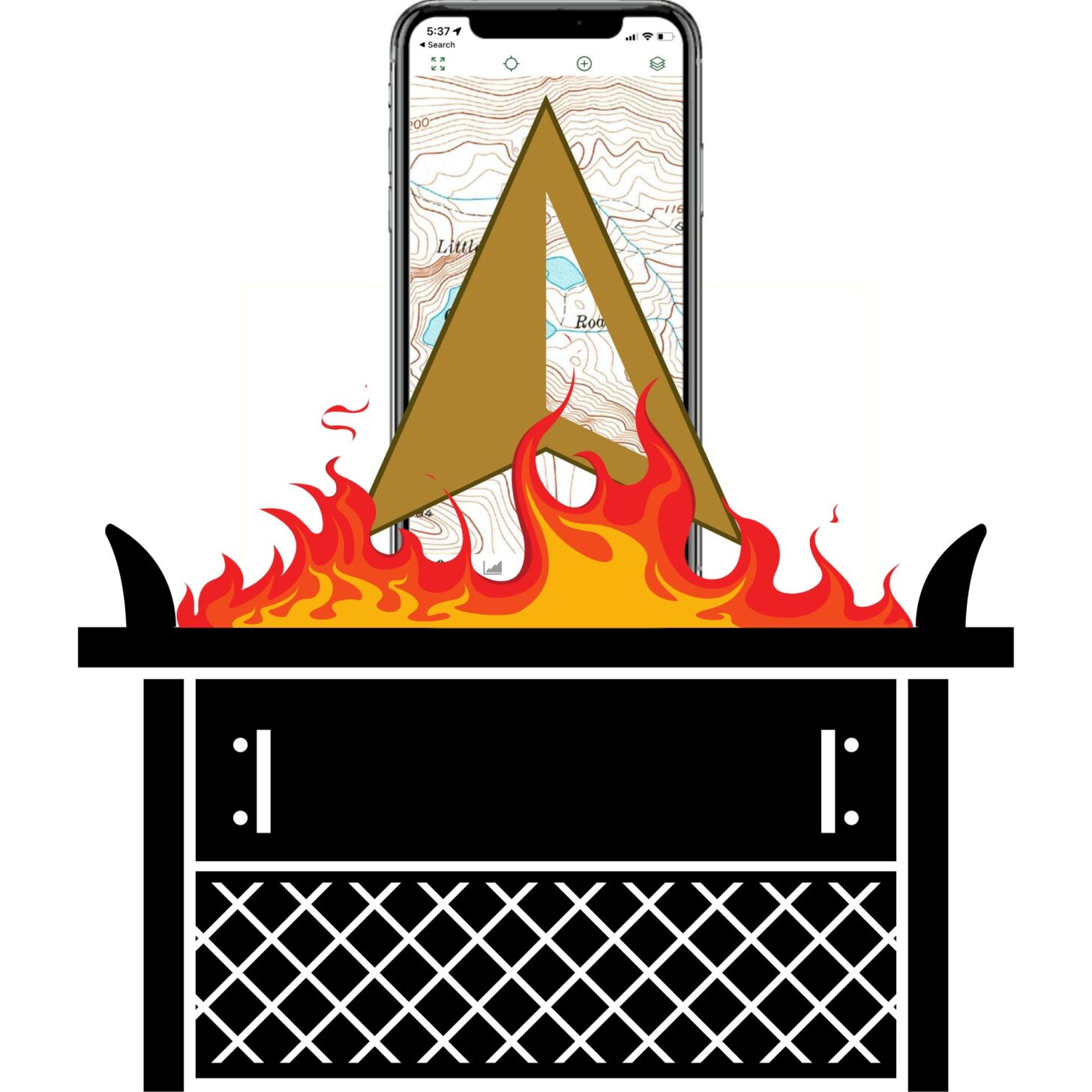 altar on fire with a smartphone and GPS position fix icon