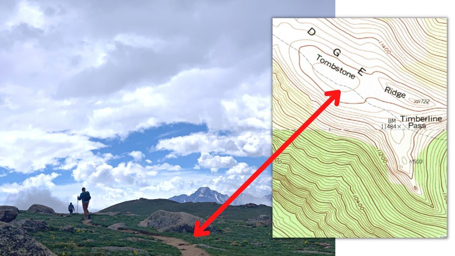 hikers on a trail in the mountains; topographic map showing the hiking trail