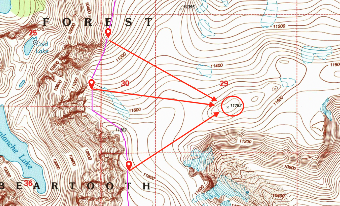 Position fix: the intersection of a bearing line sighted to Peak 11792 (LOP #1) and a topographic feature (slope change boundary at the plateau perimeter - LOP #2).