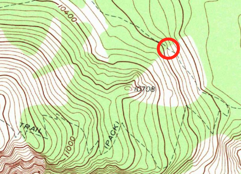 Position fix: forest-meadow vegetation edge. LOPs: trail, meadow perimeter.