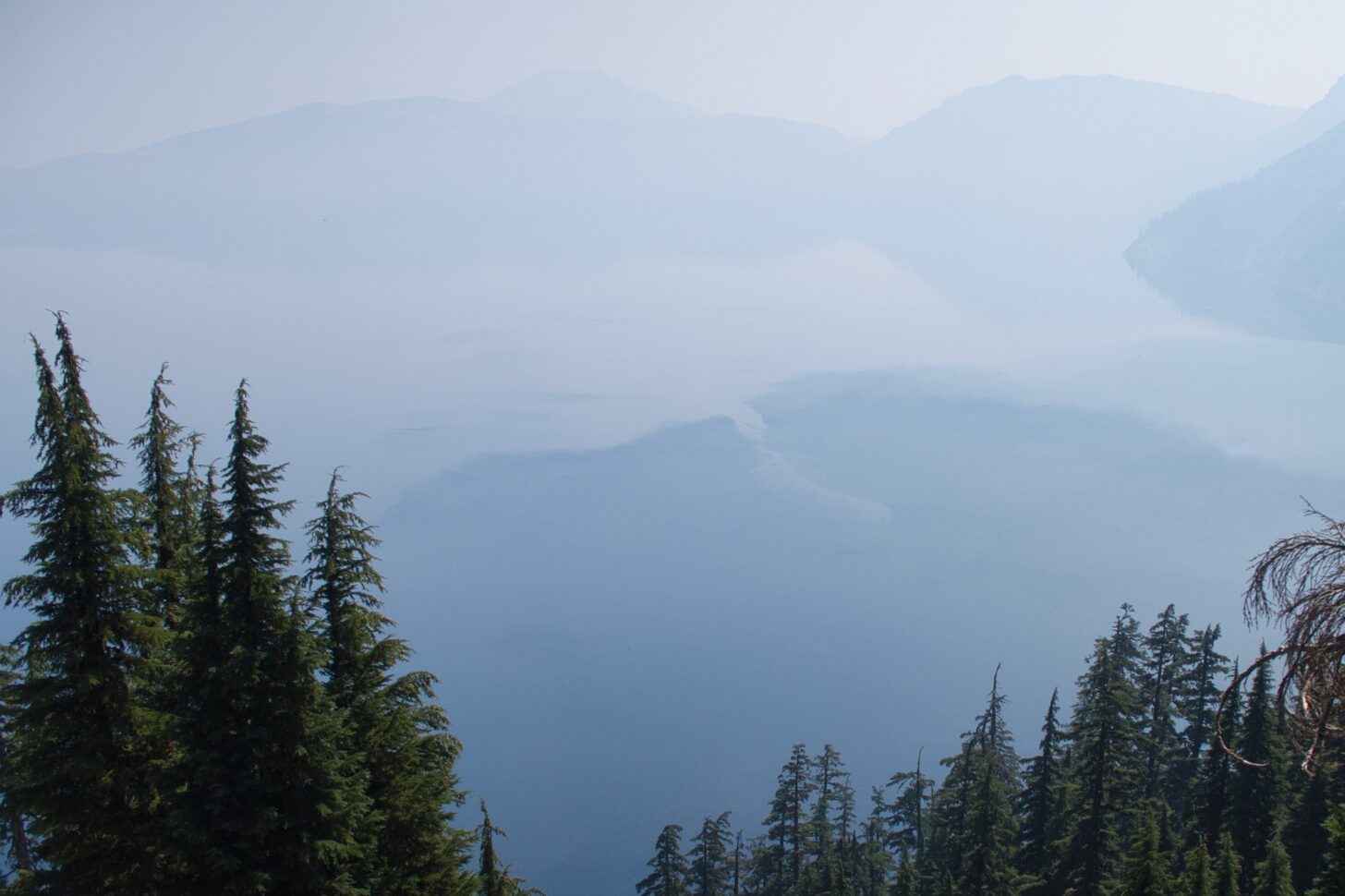 in the foreground, pine trees. In the background, smoke and haze obscure the lake.