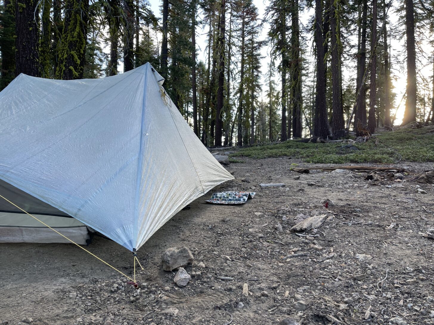 A tarptent Dipole 2 at sunset in a campsite