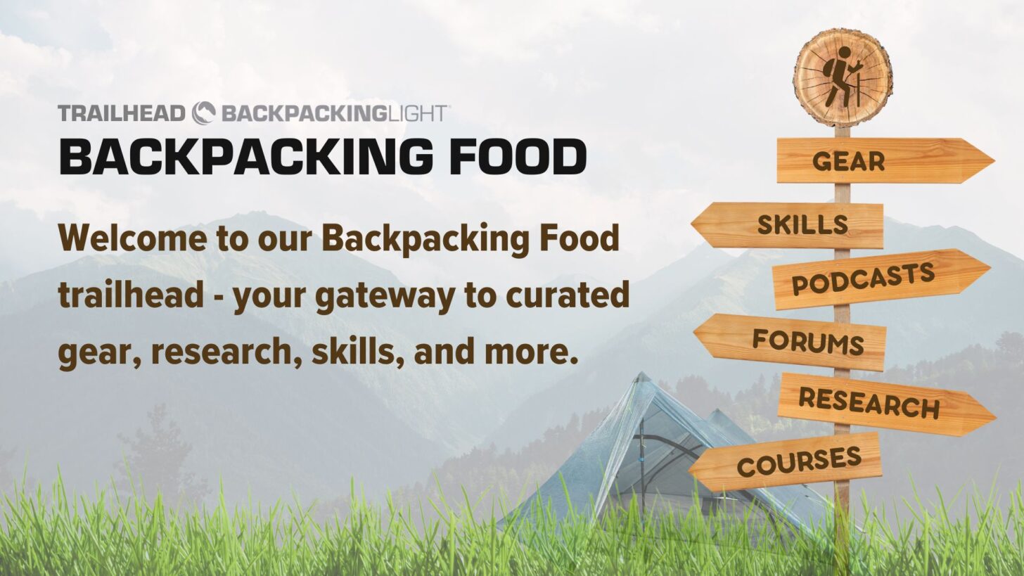 graphic - backpacking food trailhead that shows a sign reading "gear, skills, podcasts, forums, research, courses"