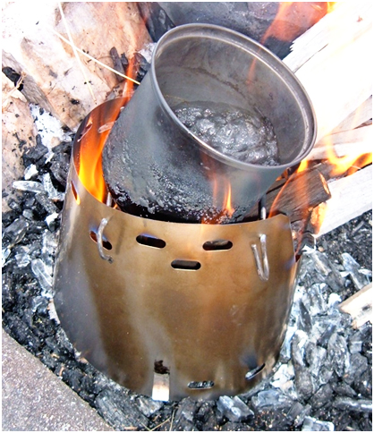 a wood-burning stove boiling water