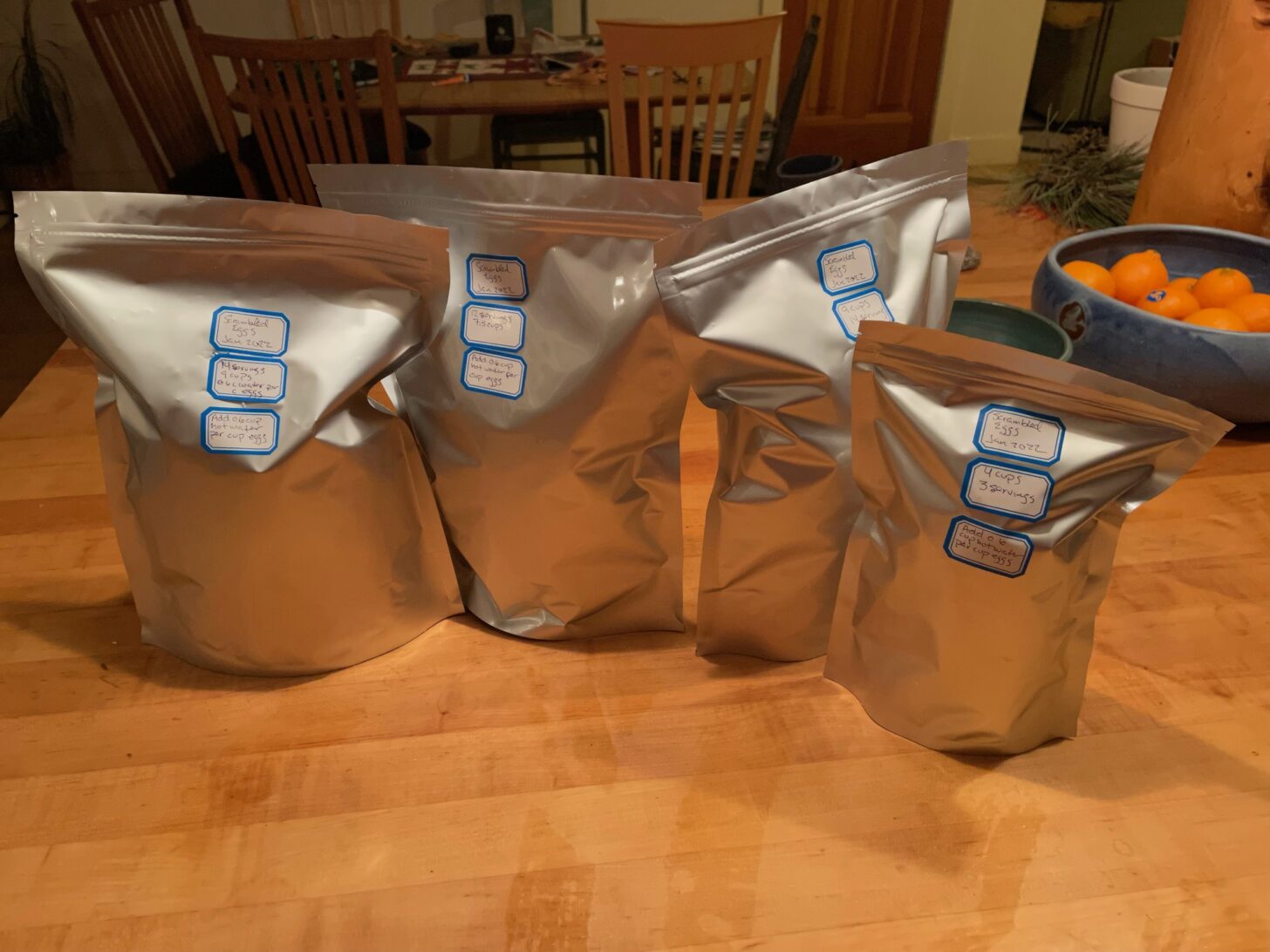 A collection of mylar bags filled with freeze-dried food