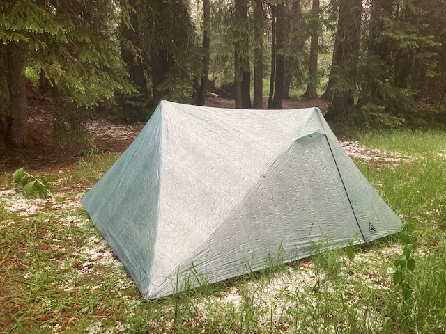tent pitched at the edge of a forest