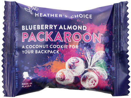 package reading: heather's choice blueberry almond packaroon - a coconut cookie for your backpack / made in alaska