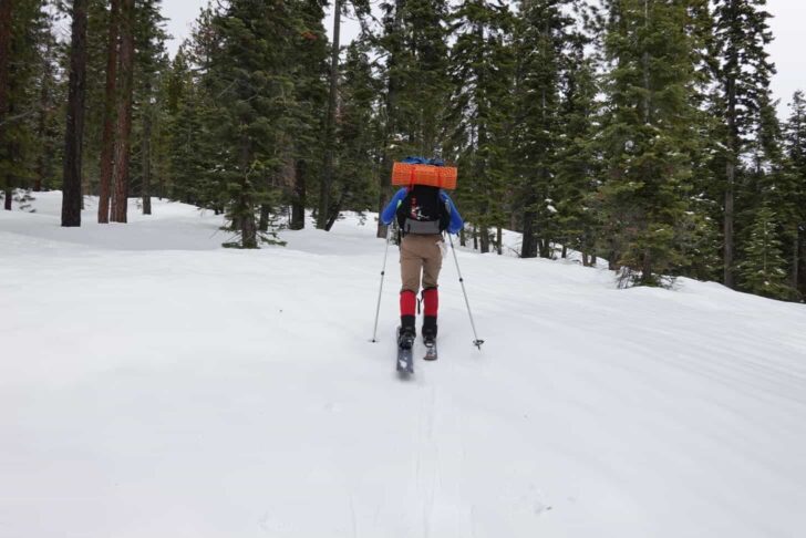 A photo from behind of a man skiing up a hill while wearing a backpack. On top of the pack is an orange sleeping pad.