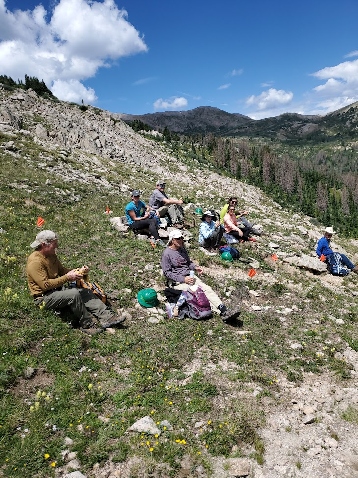 a group of people sitting on top of a grass covered hillside