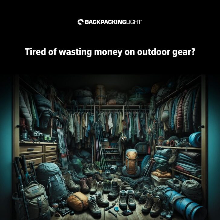 image of a cluttered closet full of unused outdoor gear with the text "tired of wasting money on outdoor gear?"