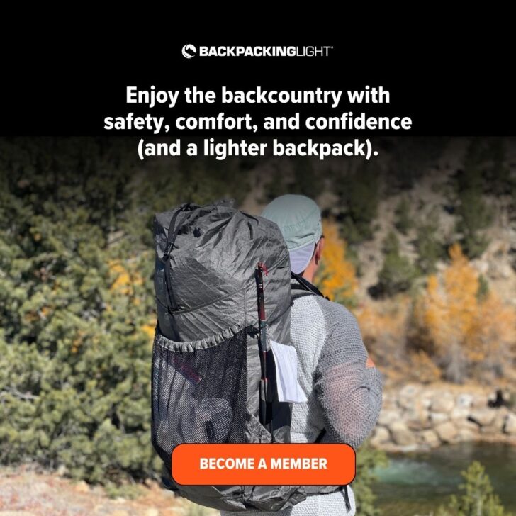 image of hiker with a backpacker and the text "Enjoy the backcountry with safety, comfort, and confidence ... and a lightweight backpack. - Become a member (Backpacking Light)."