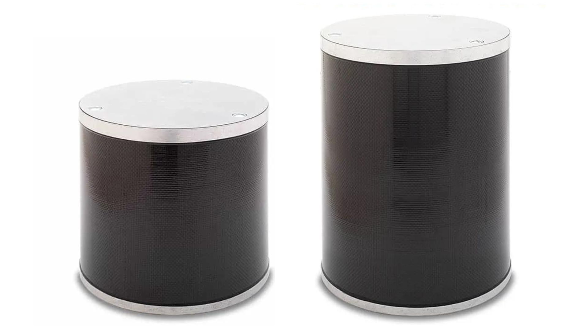 a pair of black and white metal containers