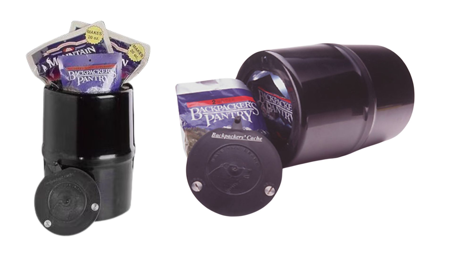 a couple of black trash cans sitting next to each other