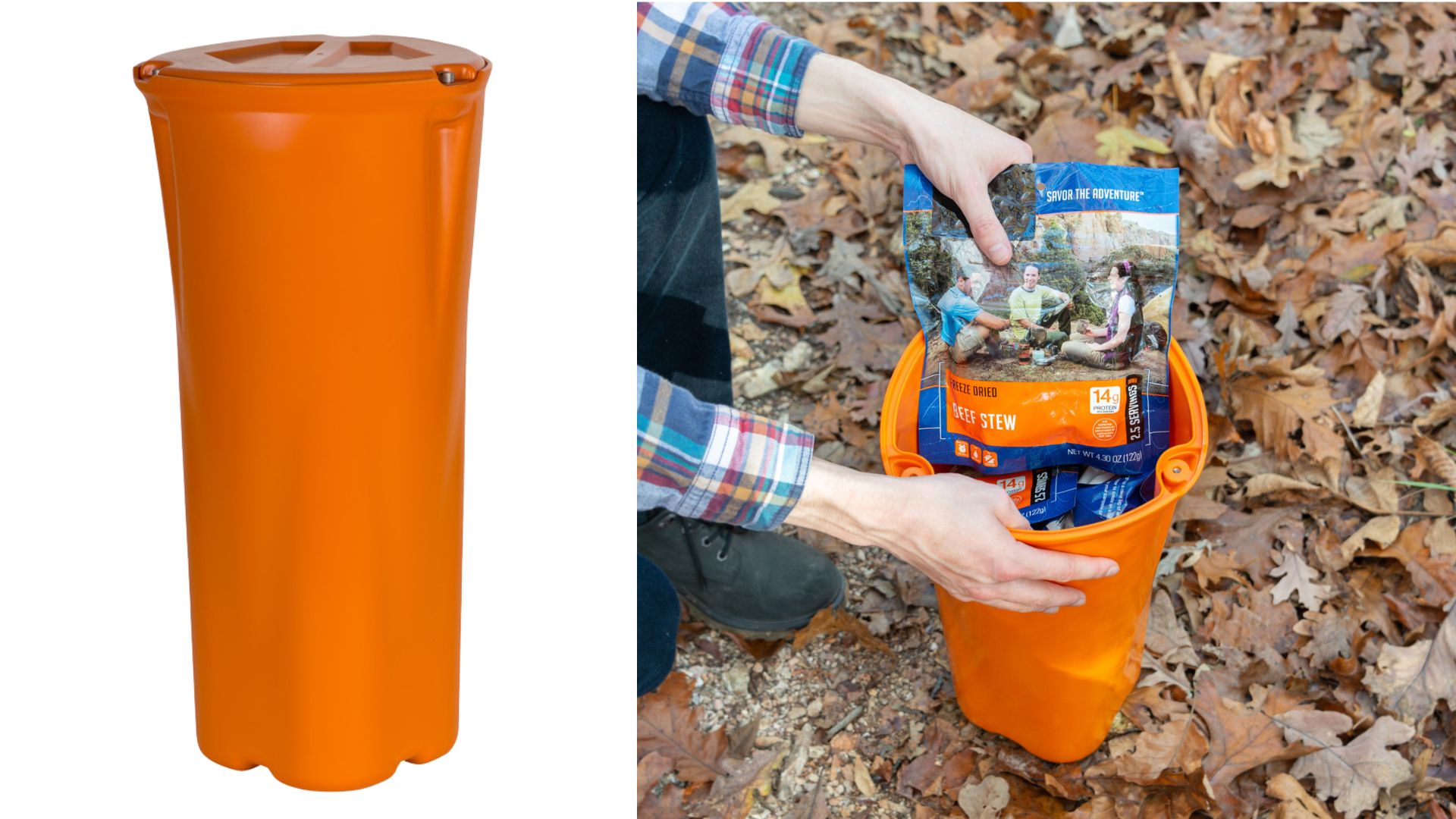a person holding a bag of food in a bucket