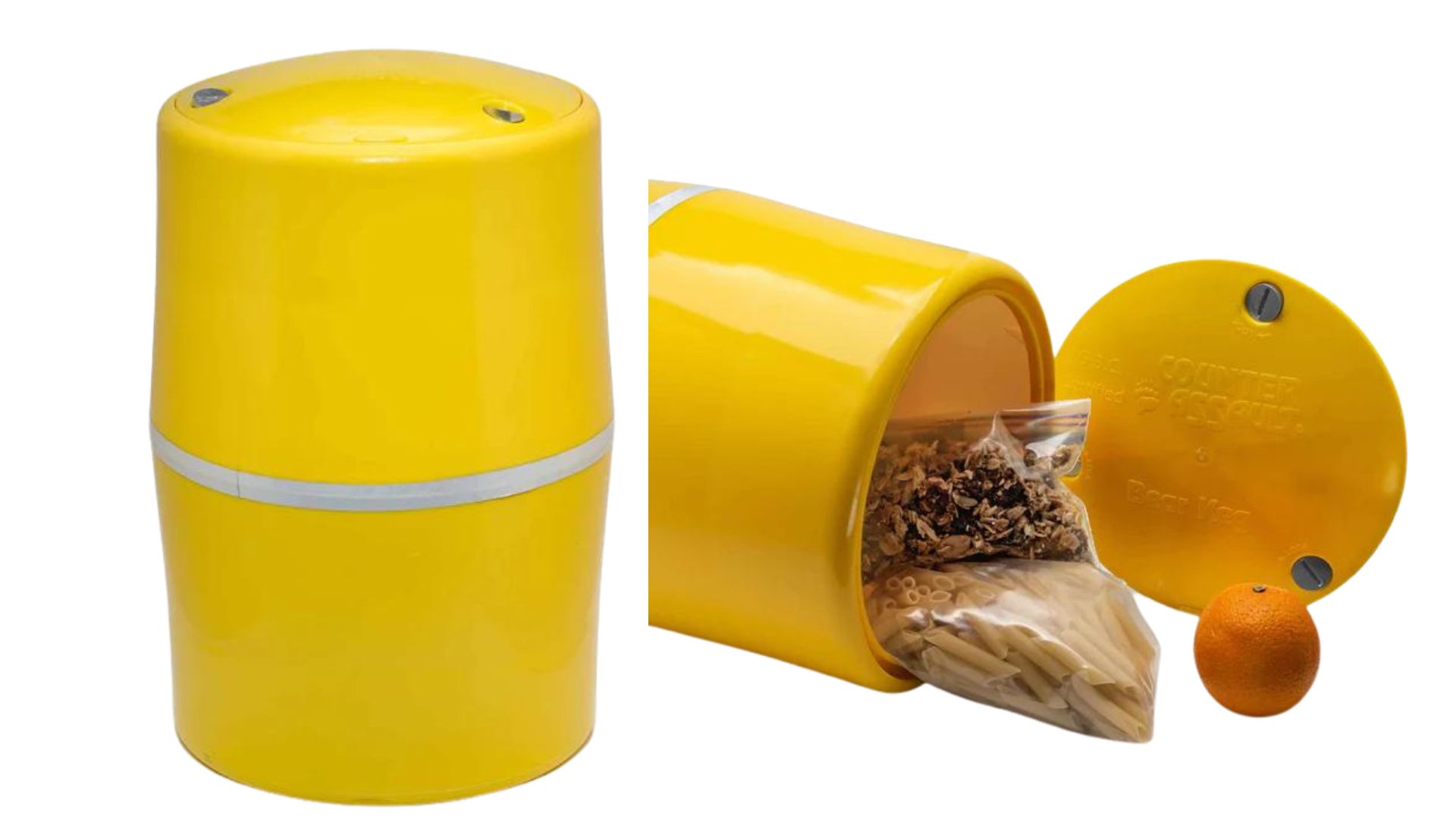 a yellow trash can next to an orange