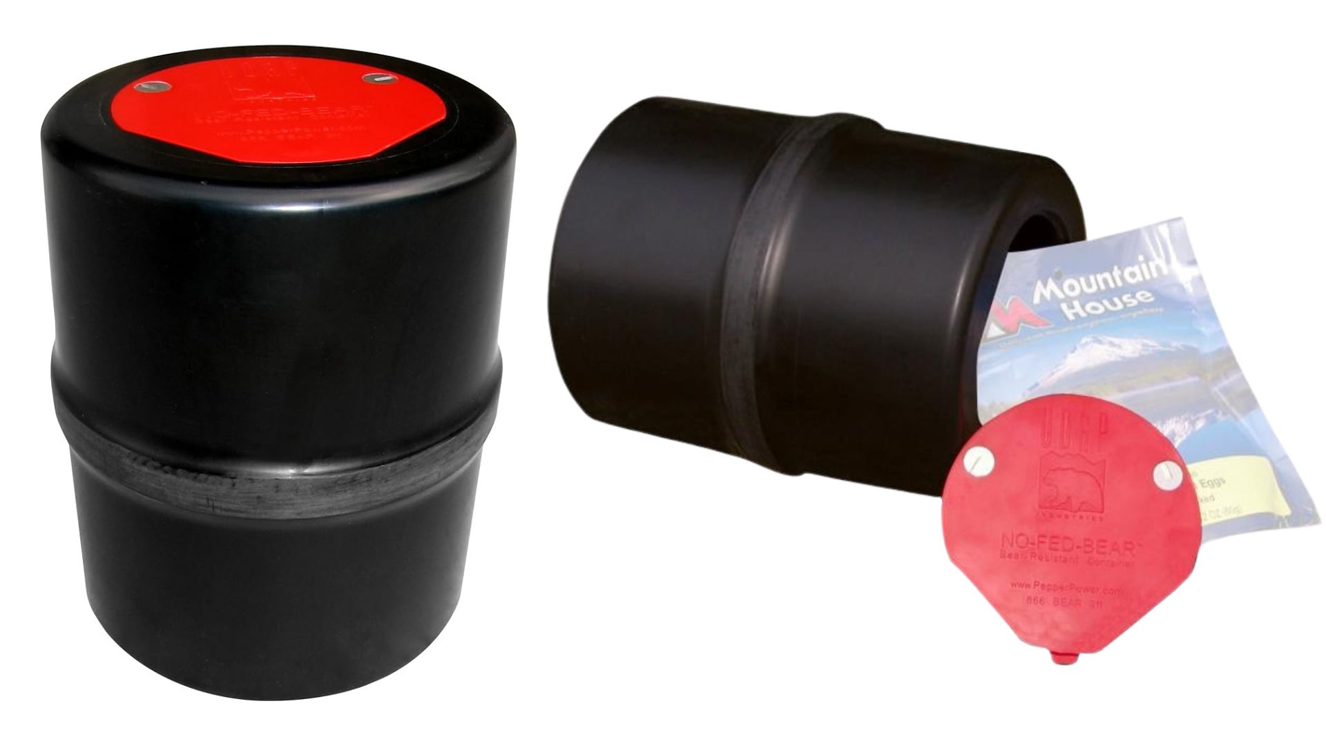 a black barrel with a red top and a black barrel with a red top