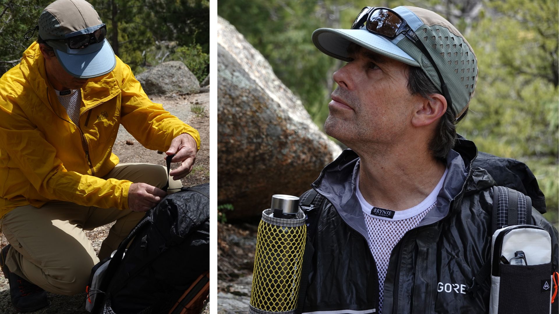 man wearing a wind shell (left) and rain shell (right) in the backcountry